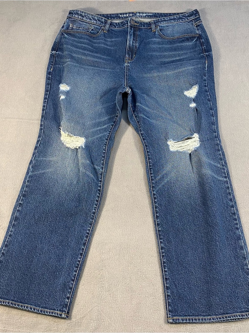 Torrid women’s Blue Distressed High Rise Baggy Straight-Leg Jeans, size 18R